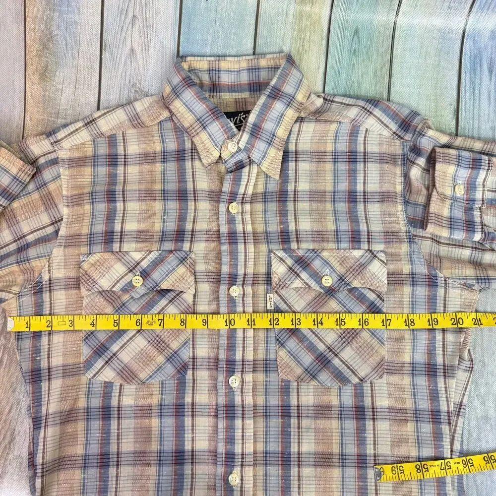 Levi's Plaid Button Up Long Sleeve Shirt 1970 Vintage Medium Cotton Western